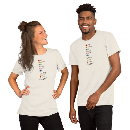 Man and Woman Wearing Graphic T-Shirt with Koala Blue Mission Statement Inspired by Olivia Newton-John’s 1980’s Clothing Brand