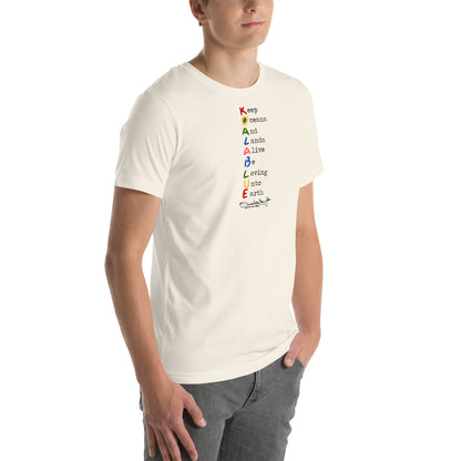 Man Wearing Graphic T-Shirt with Koala Blue Mission Statement Inspired by Olivia Newton-John’s 1980’s Clothing Brand