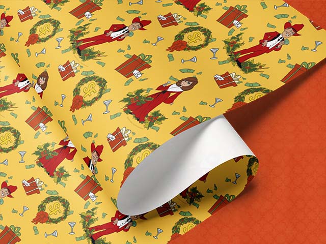 Christmas-themed wrapping paper roll with JR and Sue Ellen Ewing of Dallas TV Series