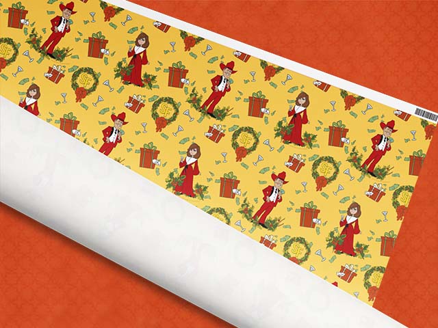 Front view of Christmas-themed wrapping paper roll with JR and Sue Ellen Ewing of Dallas TV Series