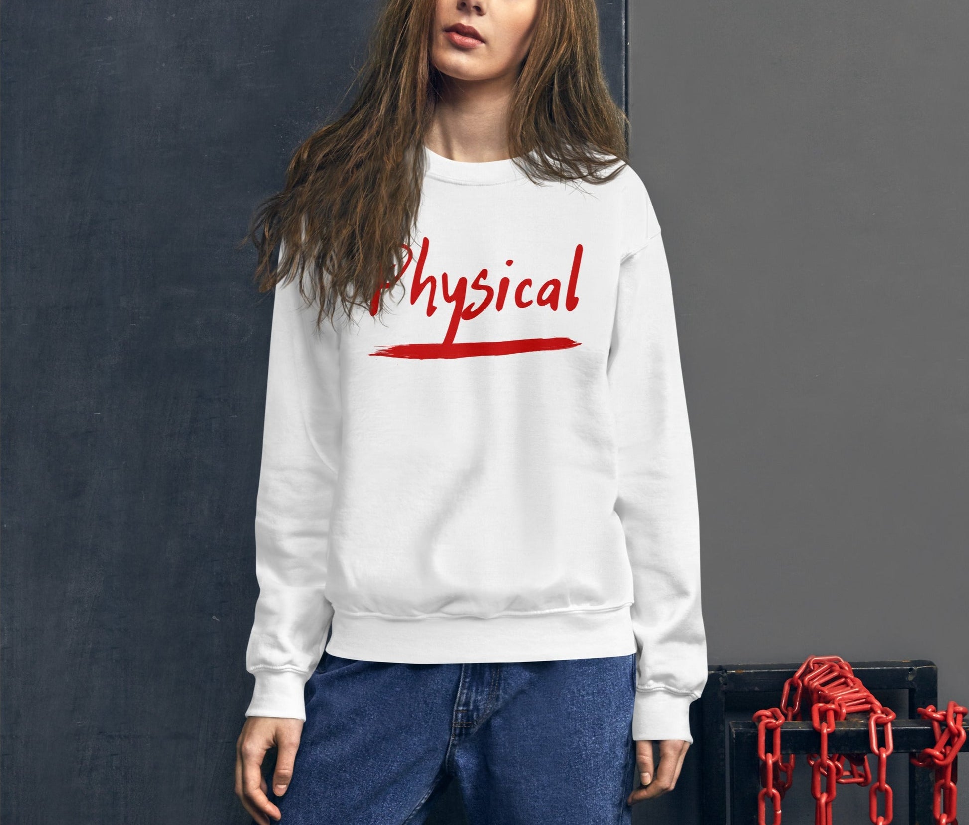 Woman Wearing Slogan Sweatshirt of Olivia Newton-John’s Song Physical