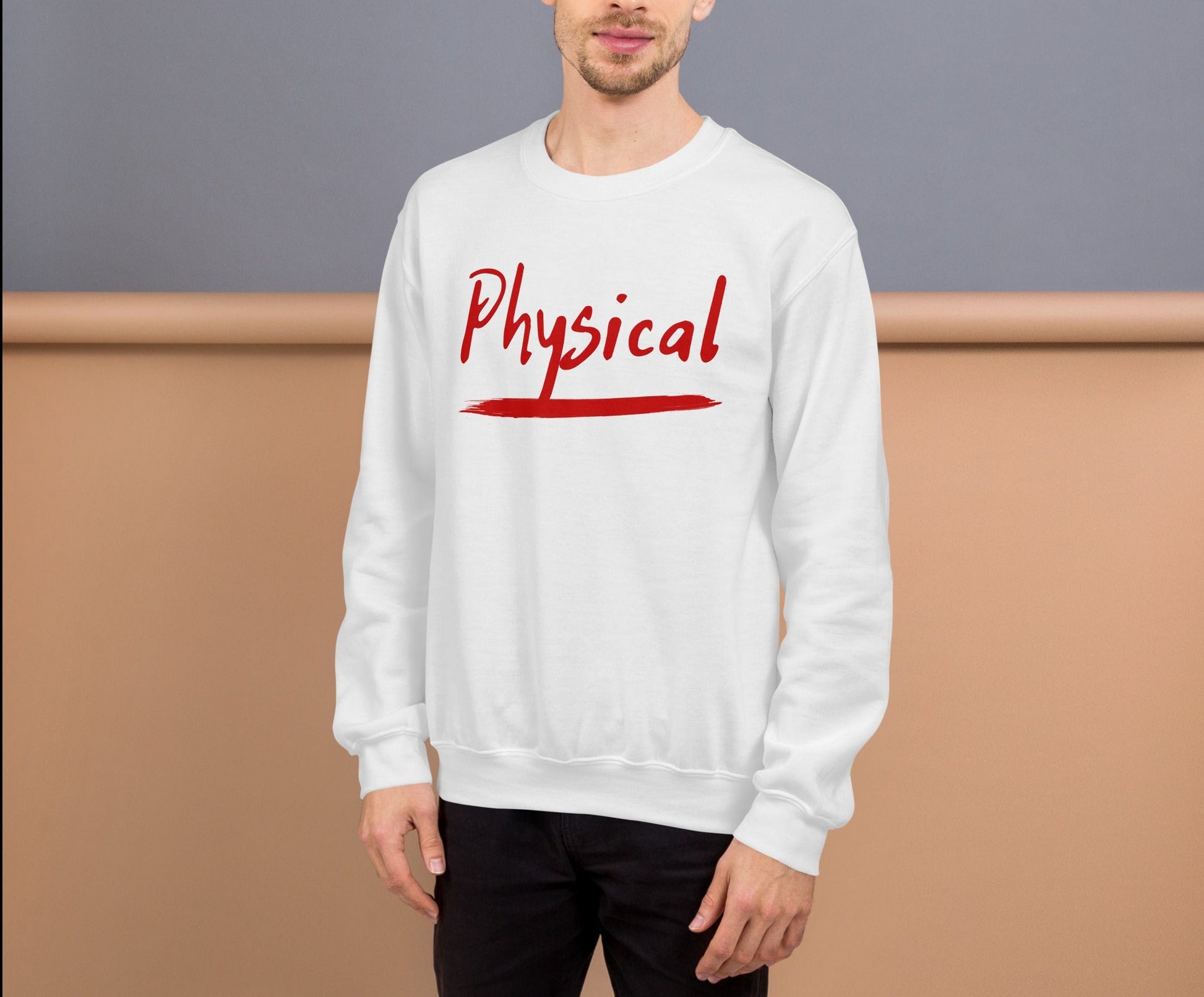 Man Wearing Slogan Sweatshirt of Olivia Newton-John’s Song Physical