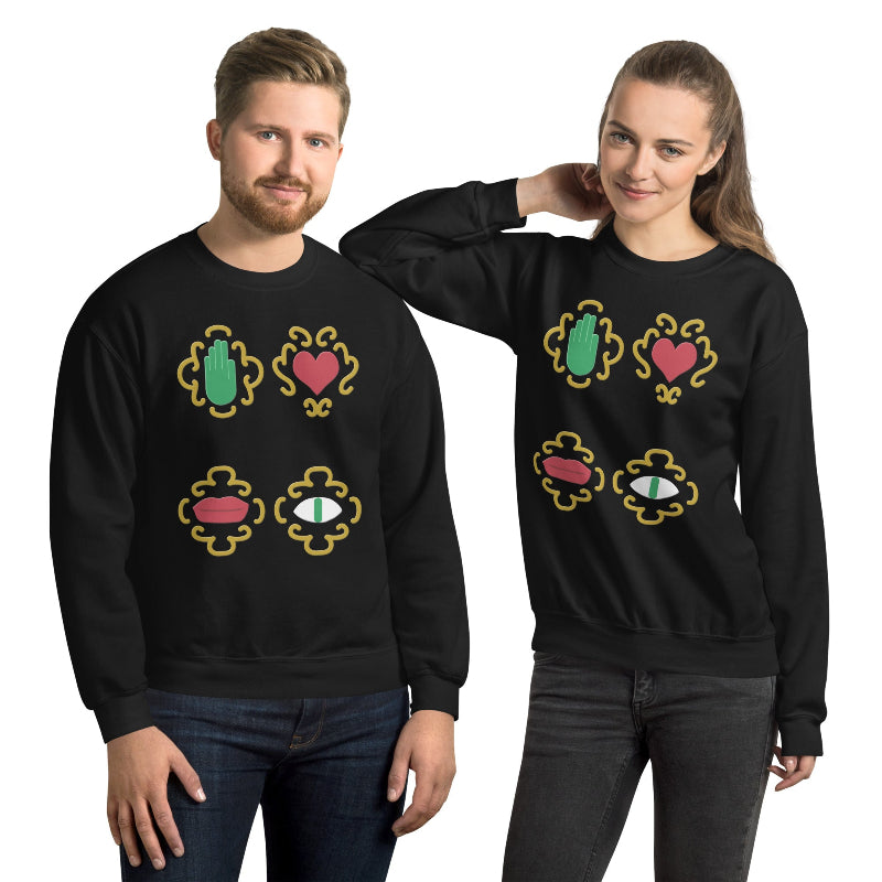 Man and Woman Wearing Graphic Sweatshirt Inspired by Olivia Newton-John’s Music Video Jacket from The Rumour Album