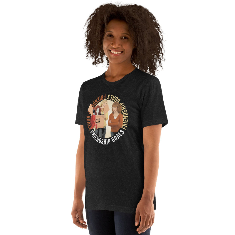 Woman Wearing Graphic T-Shirt of Reba TV Series Characters Reba and Barbara Jean