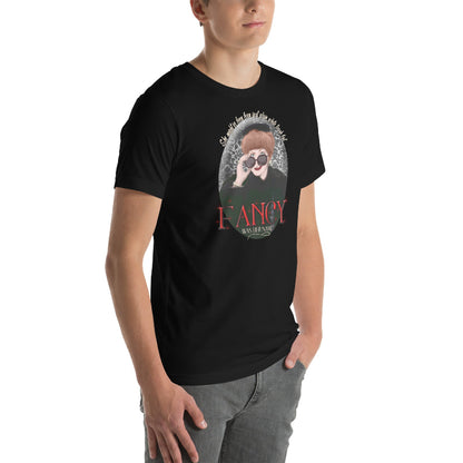 Man Wearing Graphic T-Shirt with Illustration of Reba McEntire as Fancy Rae Baker from her Hit Song and Music Video