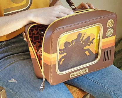 Retro TV Purse Inspired by Wood Paneled 1970's Television Consoles with Color Stripes and Interchangeable Screens