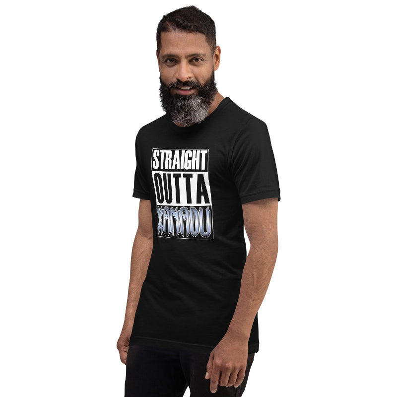 Man Wearing Graphic T-Shirt with Bold Straight Outta Xanadu Statement