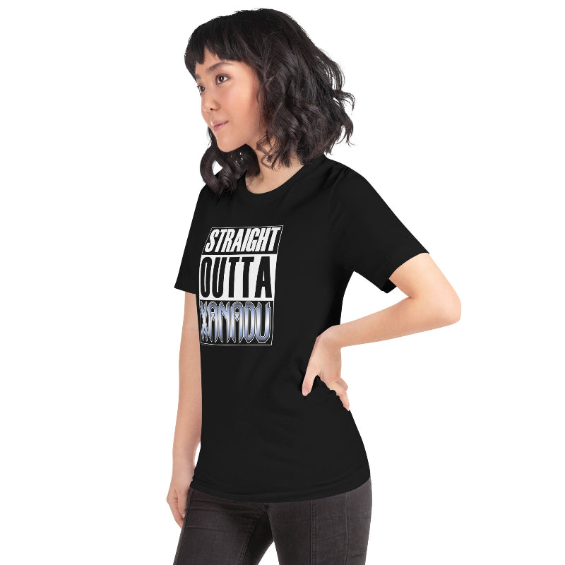 Woman Wearing Graphic T-Shirt with Bold Straight Outta Xanadu Statement