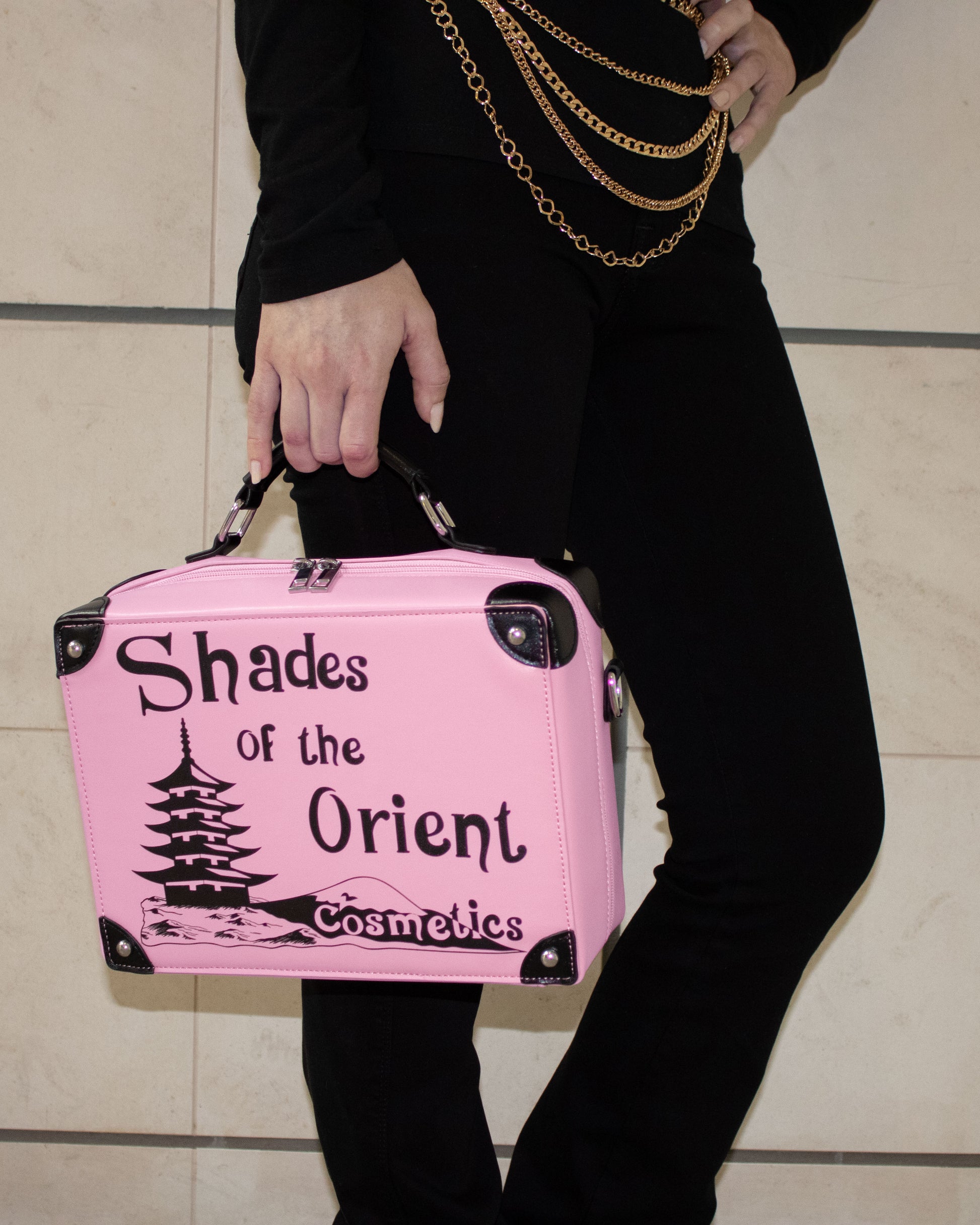 Woman Holding Prop Replica Purse of TV Series The Nanny Pink Shades of the Orient Cosmetics Makeup Case at Mall Low