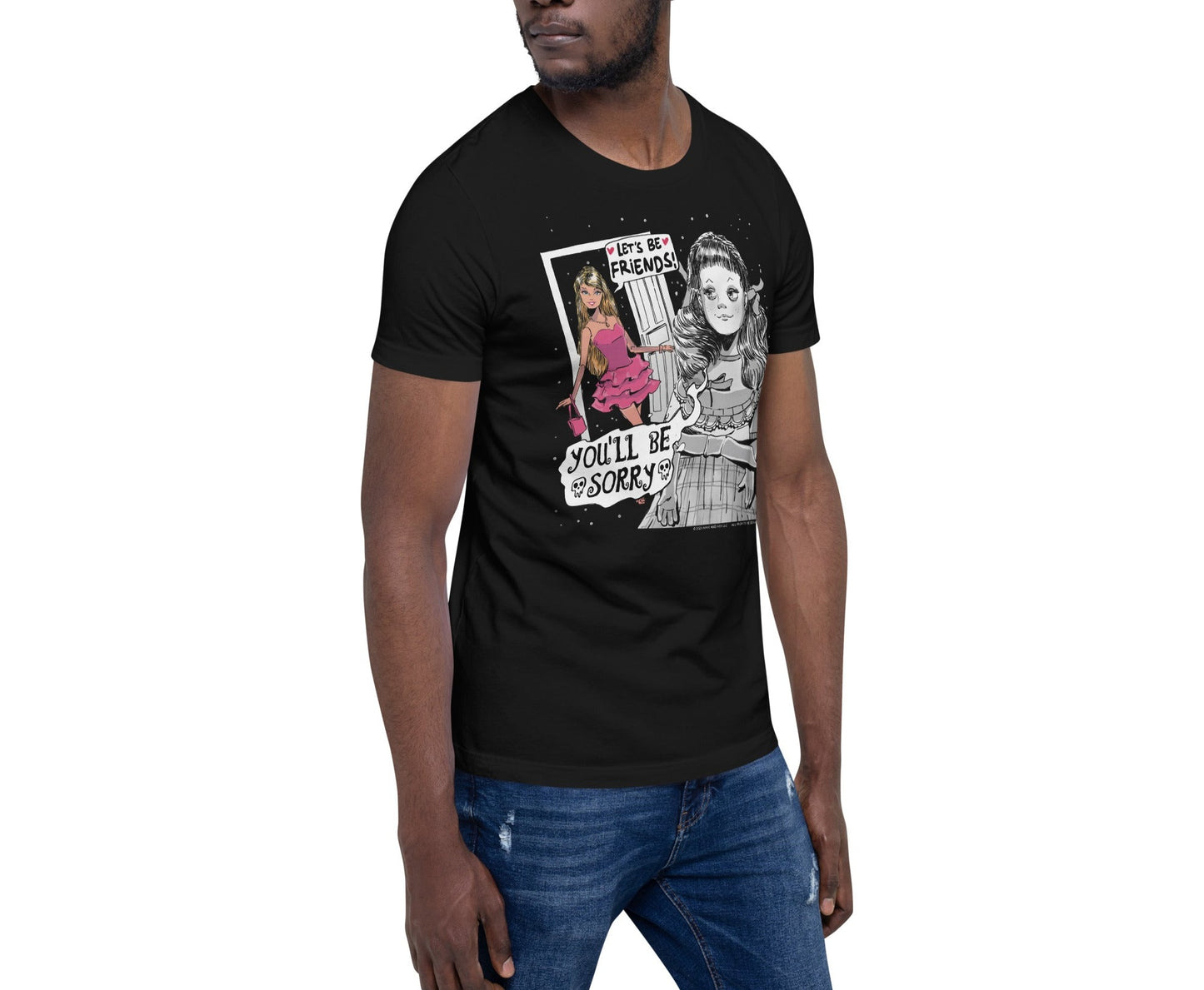 Man Wearing T-Shirt of Twilight Zone TV Series Talky Tina Meets Barbie