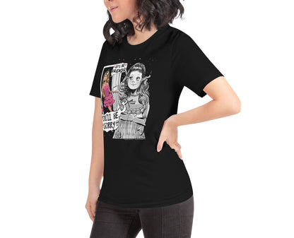 Woman Wearing T-Shirt of Twilight Zone TV Series Talky Tina Meets Barbie